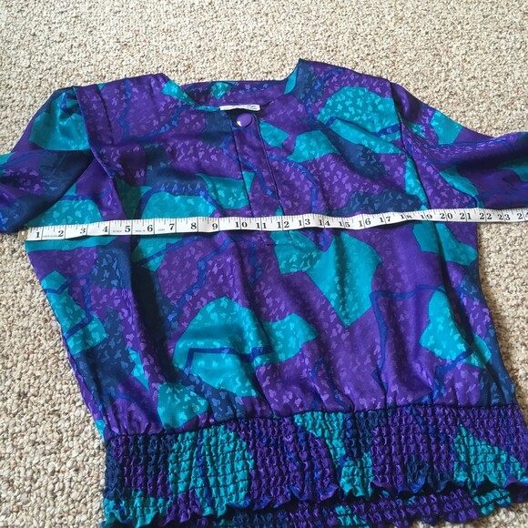 Lady Page Susan Page Vintage 80s Blouson Blouse Top Purple Teal Elastic Waist - Picture 10 of 11